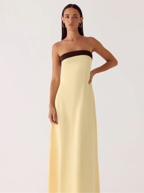 Peppermayo Strapless Pale Yellow Maxi Dress with Dark Brown Band